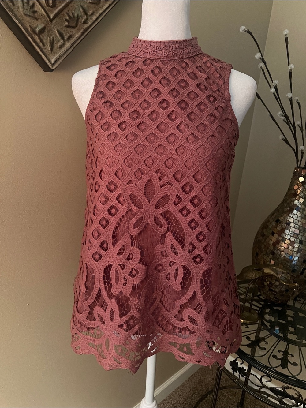 Rewind Rose Dust Lace High Neck Sleeveless Camisole